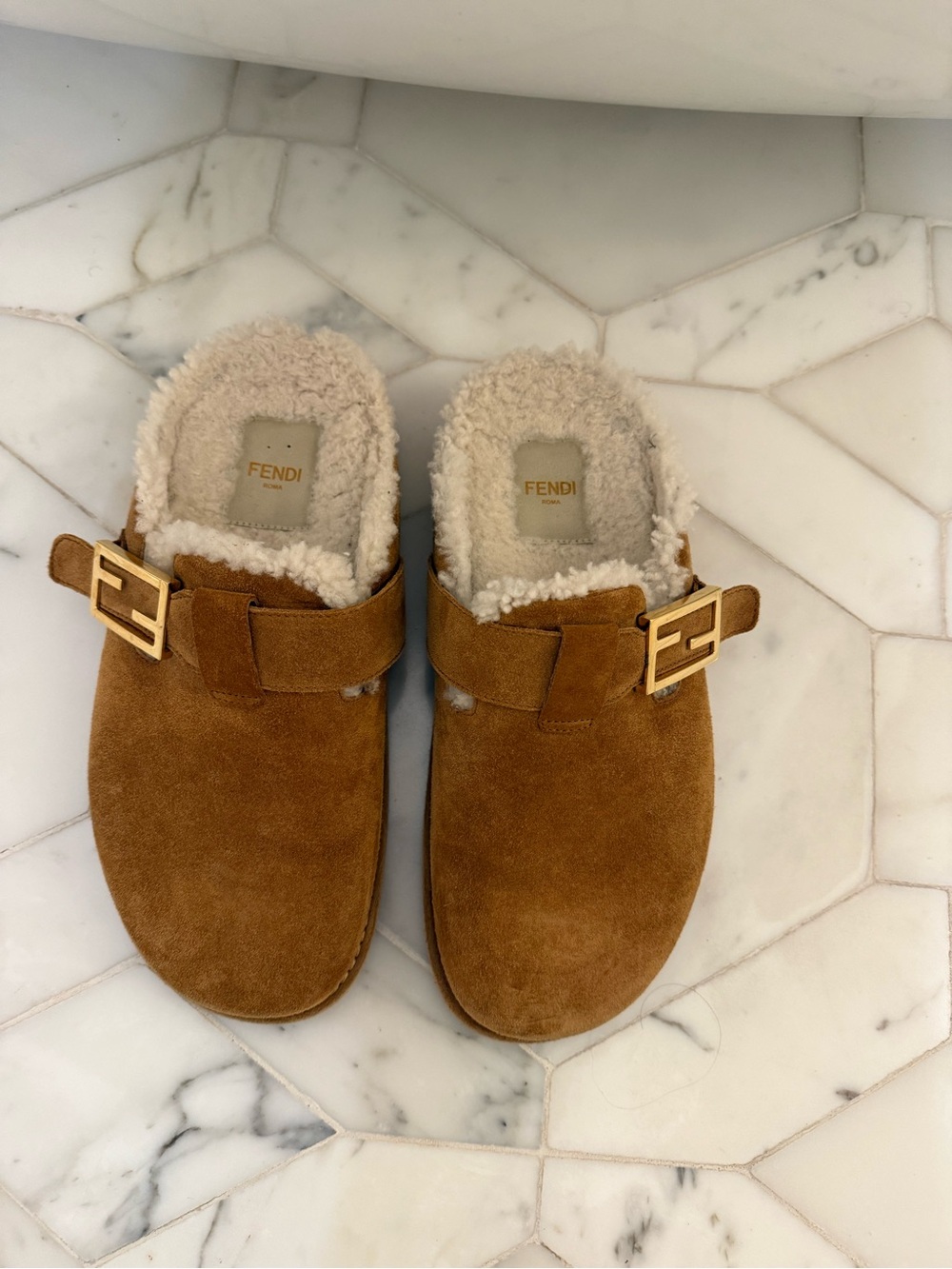 Fendi Suede Shearling Clogs with Gold Buckle - Caramel Brown